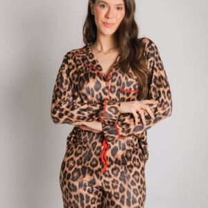 Pijama Feminino Americano Longo Onça Detalhe Vermelho