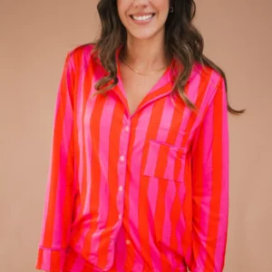 Pijama Feminino Americano Longo Listras Pink e Laranja