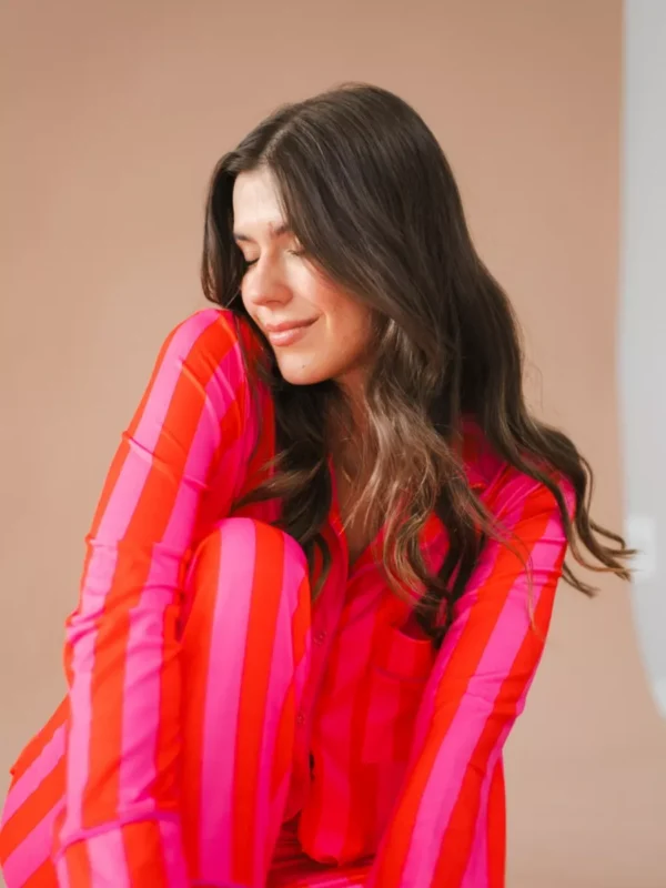 Pijama Feminino Americano Longo Listras Pink e Laranja - Imagem 2