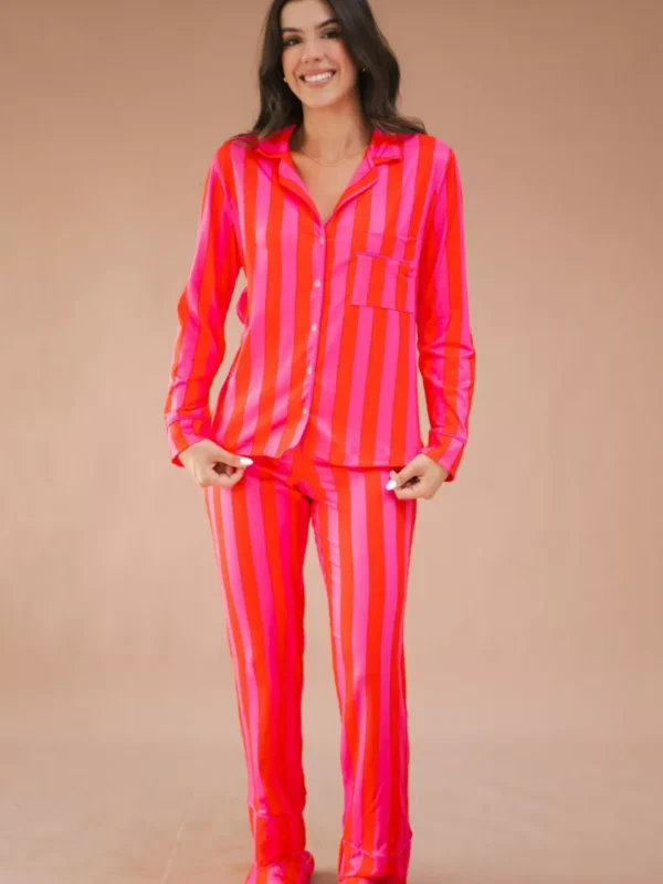 Pijama Feminino Americano Longo Listras Pink e Laranja - Imagem 3