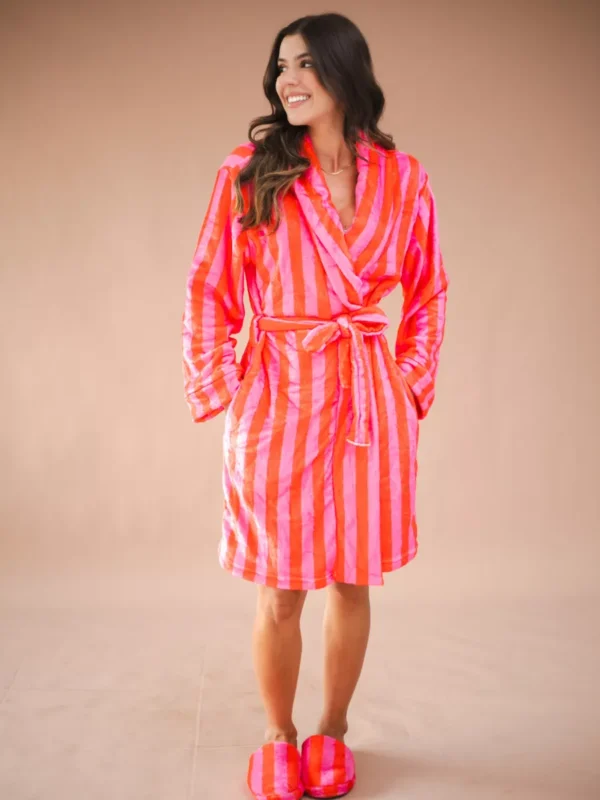Roupão Ema Listras Pink e Laranja em Fleece - Imagem 4