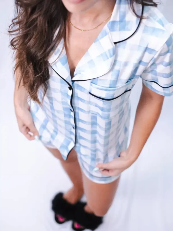 Pijama Feminino Americano Curto Agda Xadrez Azul - Imagem 3