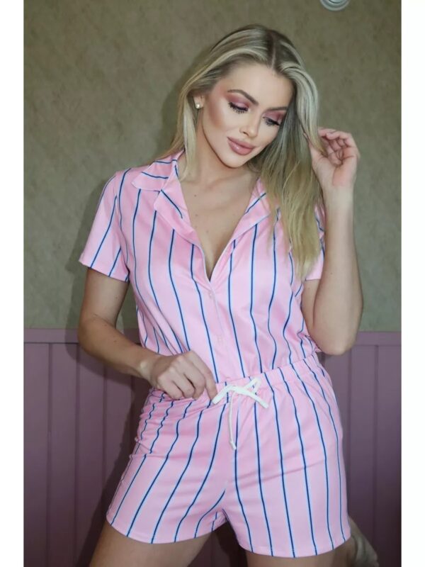 Pijama Feminino Americano Curto Listrado Rosa e Azul