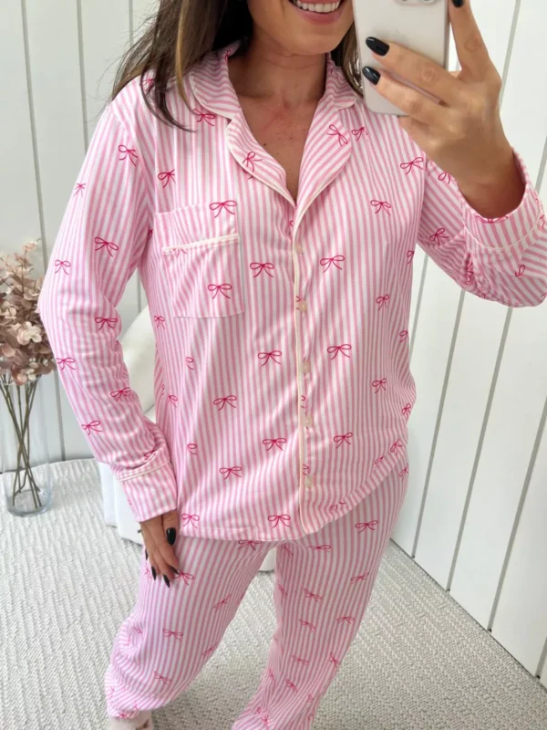 Pijama Feminino Americano Longo Laços Rosa - Imagem 4