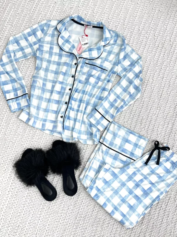 Pijama Feminino Americano Longo Xadrez Azul - Imagem 5