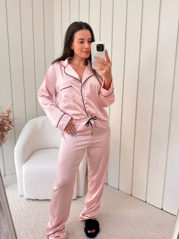 Pijama Feminino Americano Longo Cetim Rosa - Imagem 5