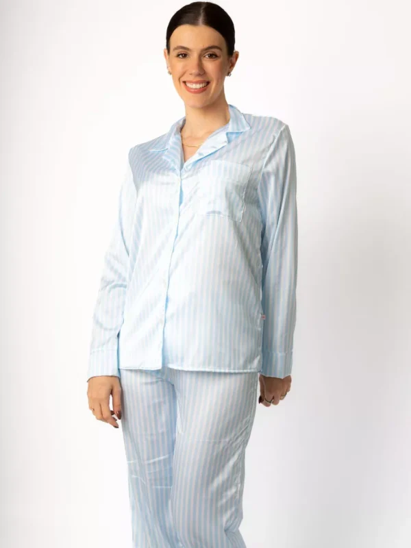 Pijama Feminino Americano Longo Cetim Listras Azul - Imagem 4