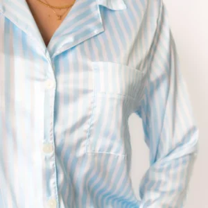 Pijama Feminino Americano Longo Cetim Listras Azul