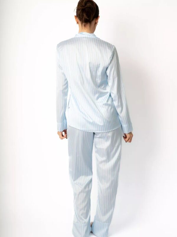 Pijama Feminino Americano Longo Cetim Listras Azul - Imagem 2