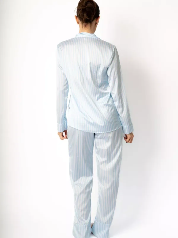 Pijama Feminino Americano Longo Cetim Listras Azul - Imagem 2