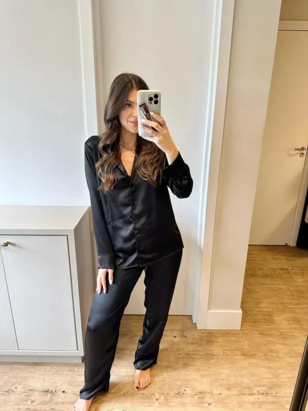 Pijama Feminino Americano Longo Cetim Preto