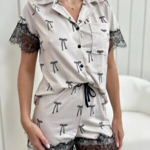 Pijama Feminino Americano Curto Laços Com Renda