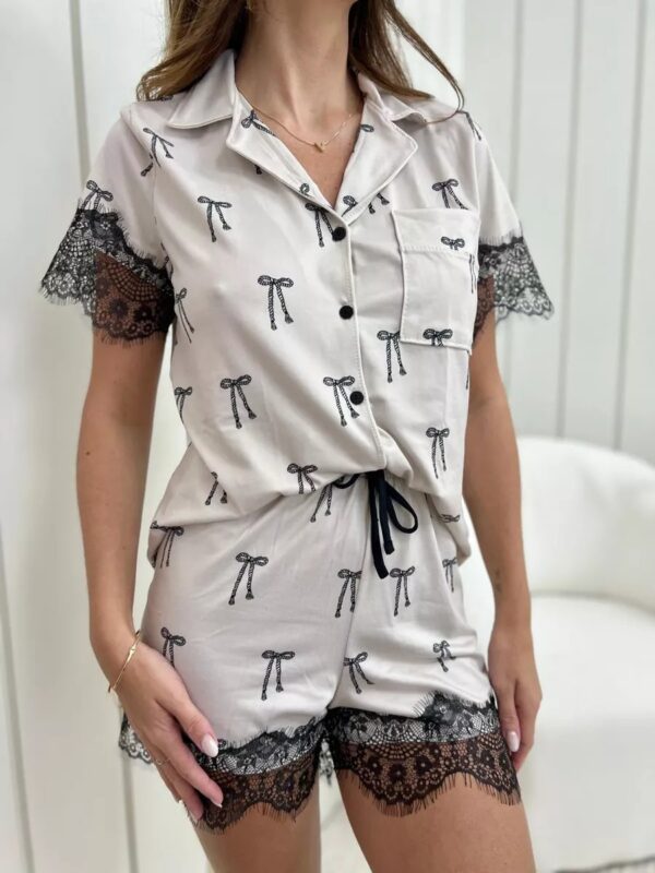 Pijama Feminino Americano Curto Laços Com Renda