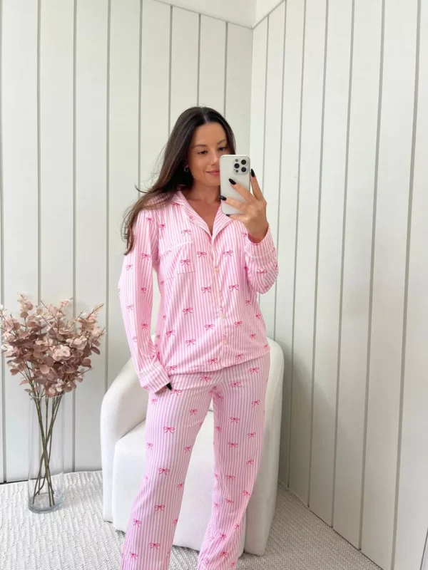 Pijama Feminino Americano Longo Laços Rosa - Imagem 3
