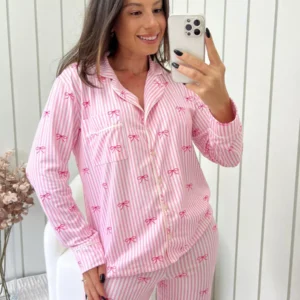 Pijama Feminino Americano Longo Laços Rosa