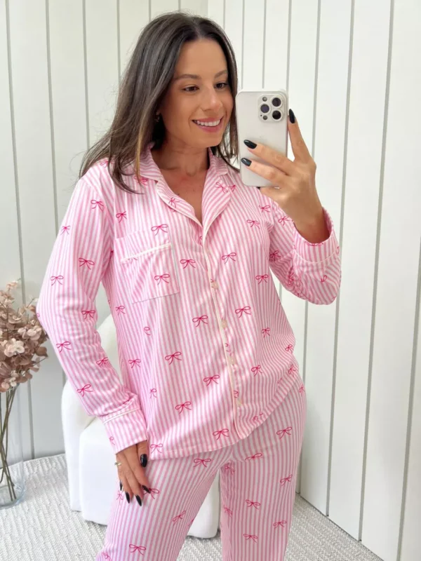 Pijama Feminino Americano Longo Laços Rosa