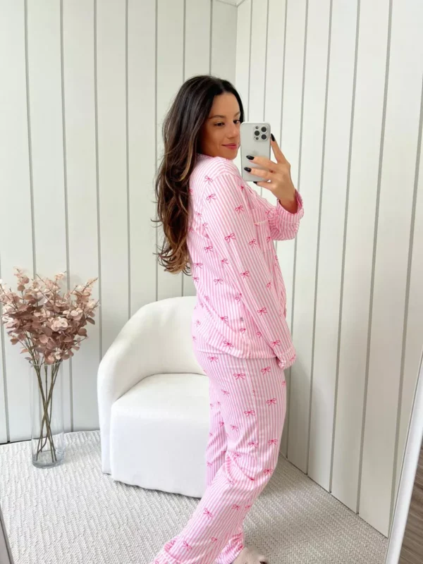 Pijama Feminino Americano Longo Laços Rosa - Imagem 2