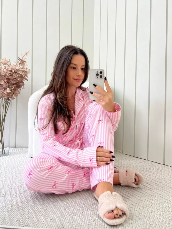 Pijama Feminino Americano Longo Laços Rosa - Imagem 6