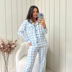 Pijama Feminino Americano Longo Xadrez Azul
