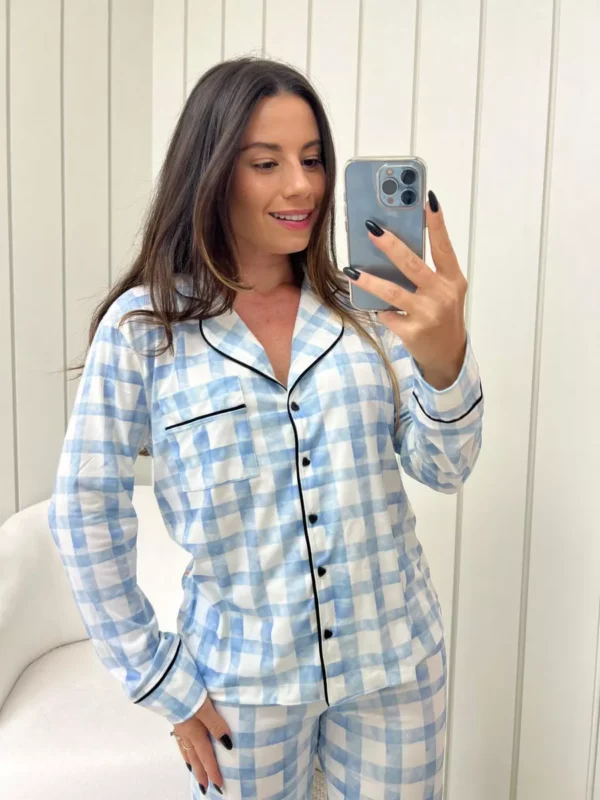 Pijama Feminino Americano Longo Xadrez Azul - Imagem 3