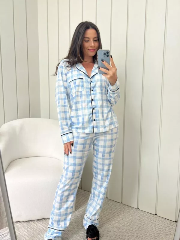 Pijama Feminino Americano Longo Xadrez Azul - Imagem 2
