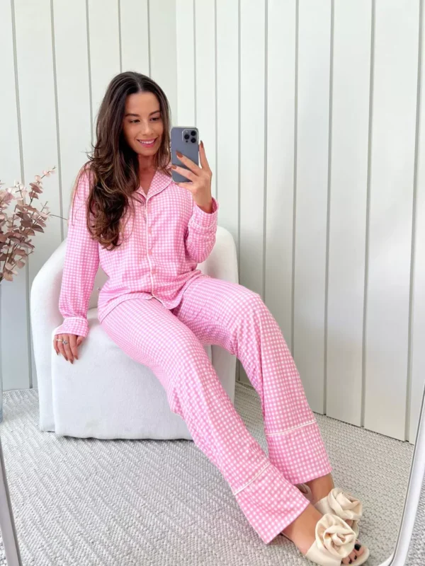 Pijama Feminino Americano Longo Xadrez Branco e Rosa - Imagem 2