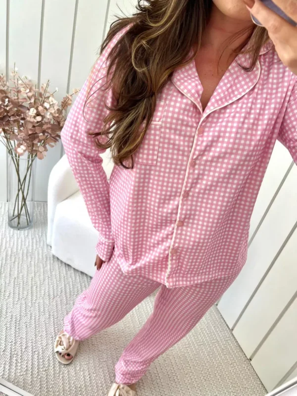 Pijama Feminino Americano Longo Xadrez Branco e Rosa