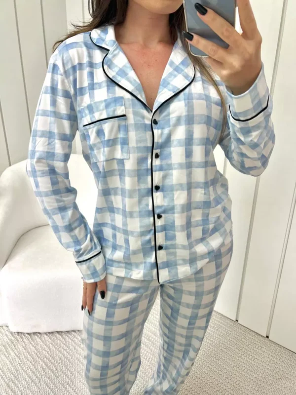 Pijama Feminino Americano Longo Xadrez Azul - Imagem 4