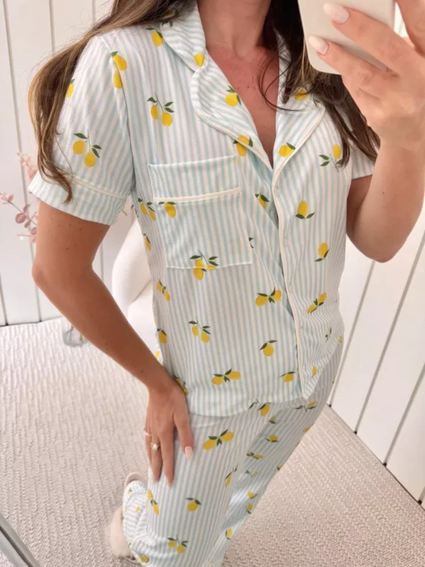 Pijama Feminino Americano Meia Estação Listrado Limão - Imagem 2