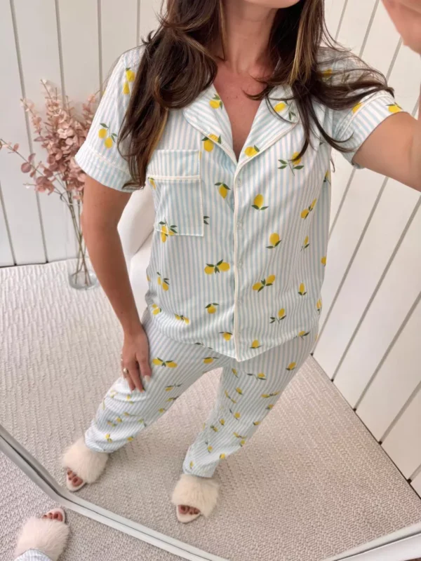 Pijama Feminino Americano Meia Estação Listrado Limão - Imagem 4