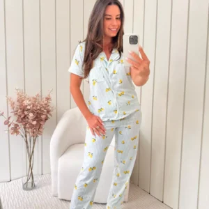 Pijama Feminino Americano Meia Estação Listrado Limão
