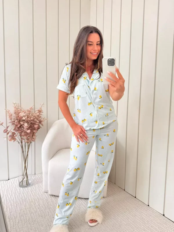 Pijama Feminino Americano Meia Estação Listrado Limão