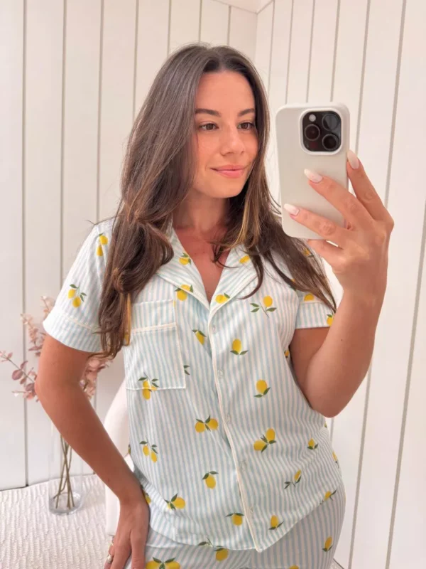 Pijama Feminino Americano Meia Estação Listrado Limão - Imagem 3