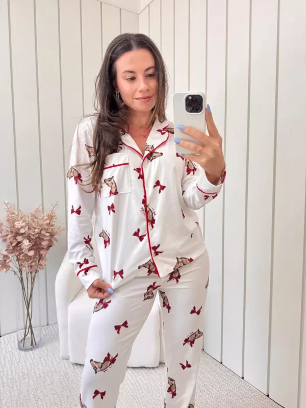 Pijama Feminino Americano Longo Laços Cavalos - Imagem 2