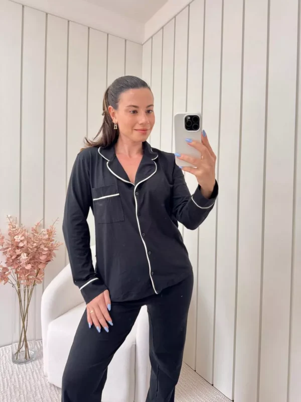 Pijama Feminino Americano Longo Algodão Preto - Imagem 4