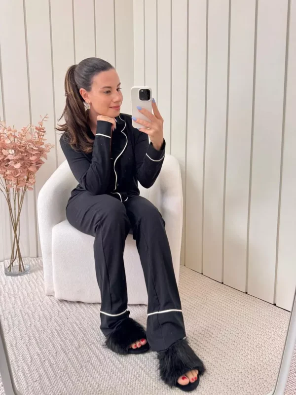 Pijama Feminino Americano Longo Algodão Preto - Imagem 2