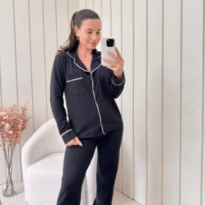 Pijama Feminino Americano Longo Algodão Preto
