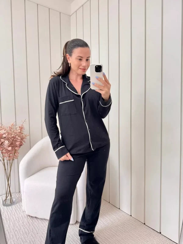 Pijama Feminino Americano Longo Algodão Preto