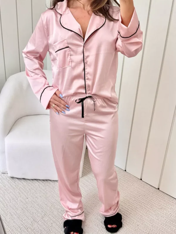 Pijama Feminino Americano Longo Cetim Rosa - Imagem 4