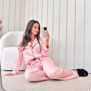 Pijama Feminino Americano Longo Cetim Rosa