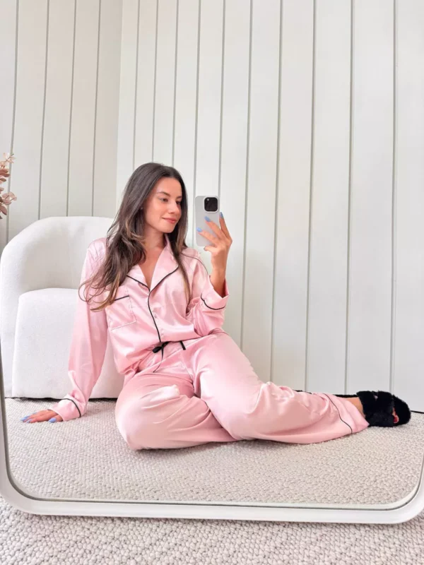 Pijama Feminino Americano Longo Cetim Rosa