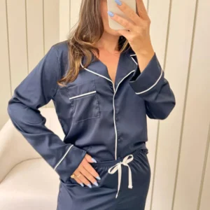 Pijama Feminino Americano Longo Azul Marinho Cetim