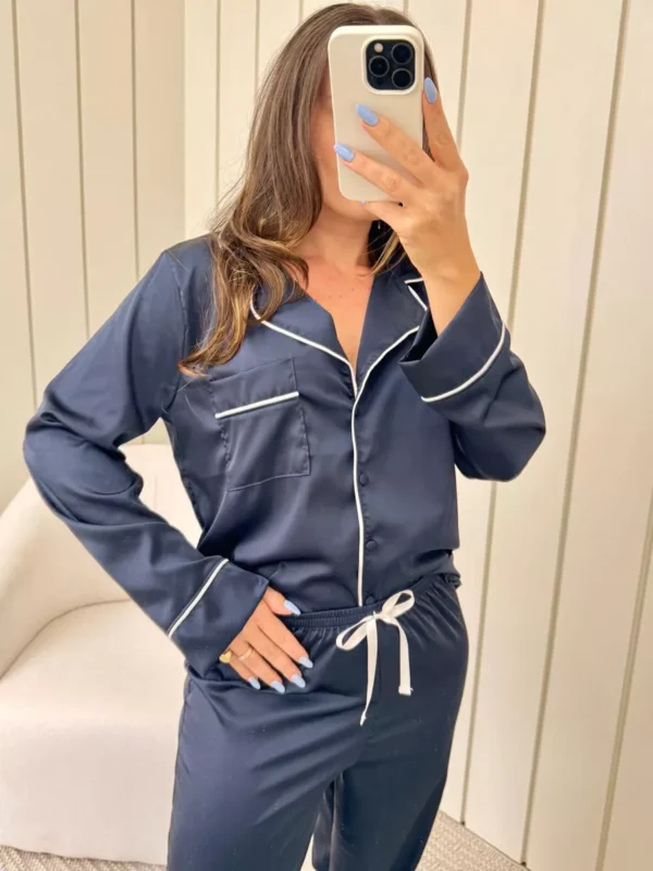 Pijama Feminino Americano Longo Azul Marinho Cetim