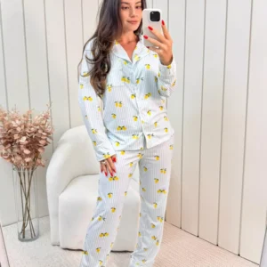 Pijama Feminino Americano Longo Listrado Limão