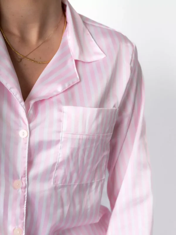 Pijama Feminino Americano Longo Cetim Listras Rosa - Imagem 5