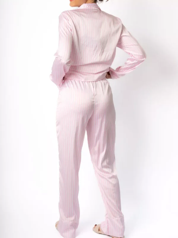 Pijama Feminino Americano Longo Cetim Listras Rosa - Imagem 3