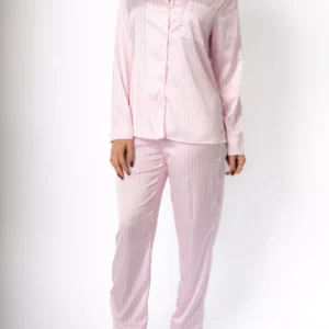 Pijama Feminino Americano Longo Cetim Listras Rosa