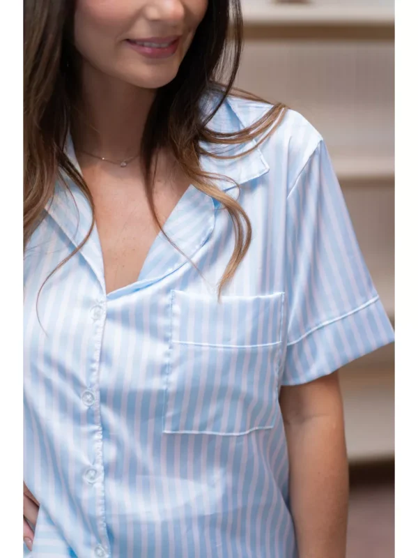 Pijama Feminino Americano Curto Cetim Listrado Azul - Imagem 5