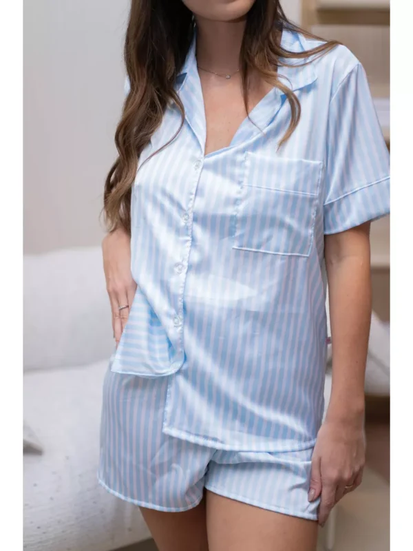 Pijama Feminino Americano Curto Cetim Listrado Azul - Imagem 3