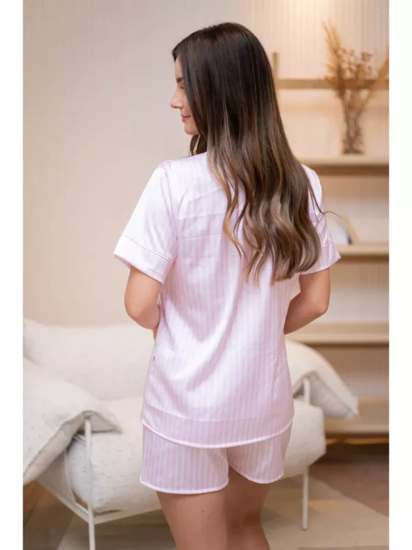 Pijama Feminino Americano Curto Cetim Listrado Rosa - Imagem 3
